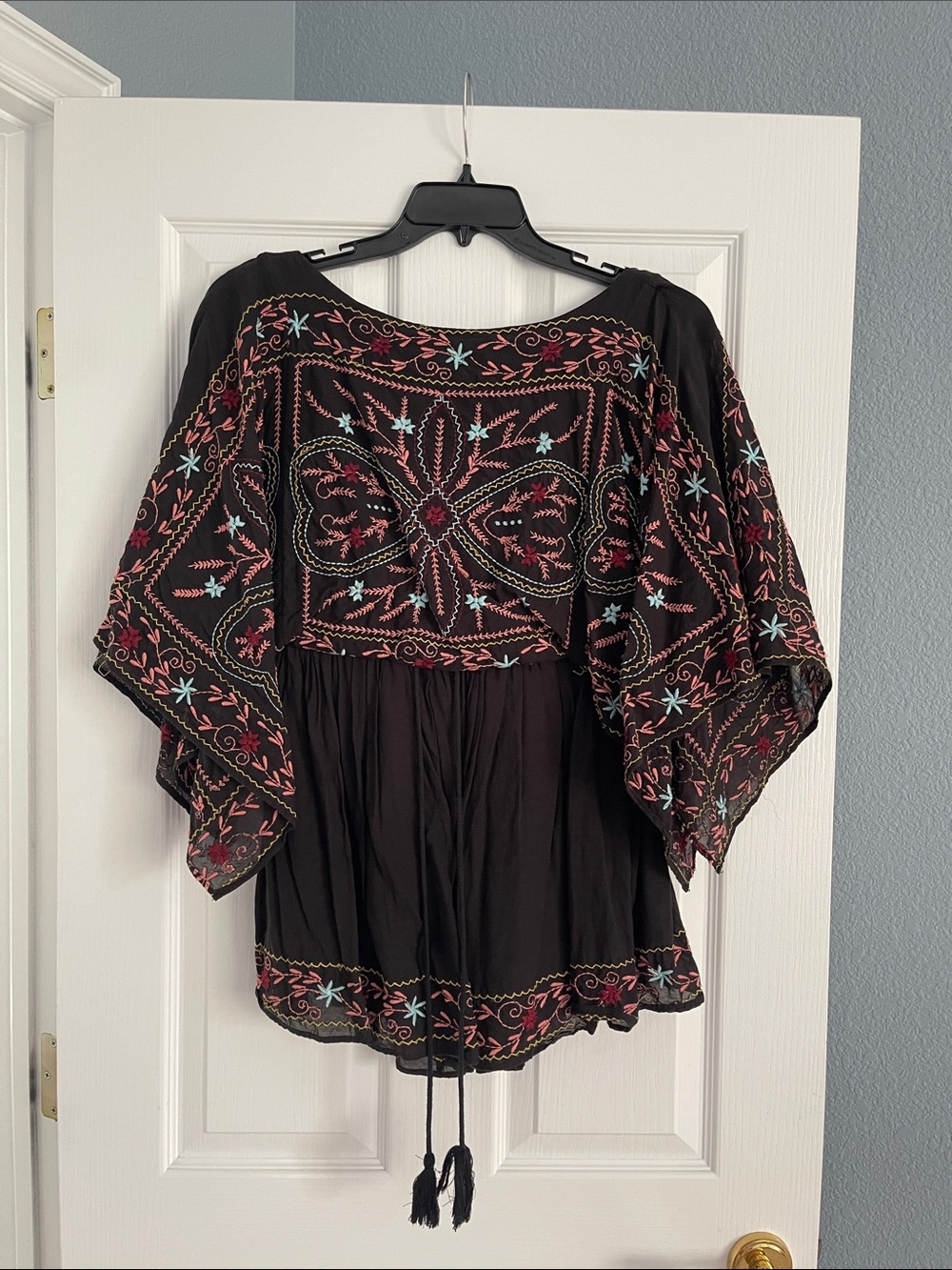 Free People Black Embroidered Boho Tunic with Pink & Aqua Accents